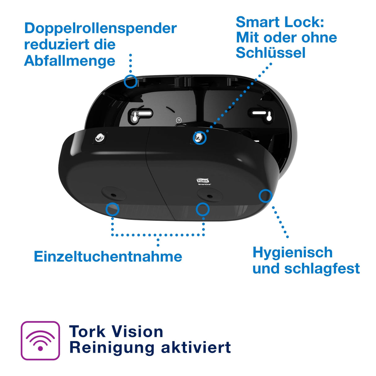 Tork SmartOne Mini Doppelrollenspender T9, Einzelblattausgabe für durchgehende Papierversorgung – Ansicht 10