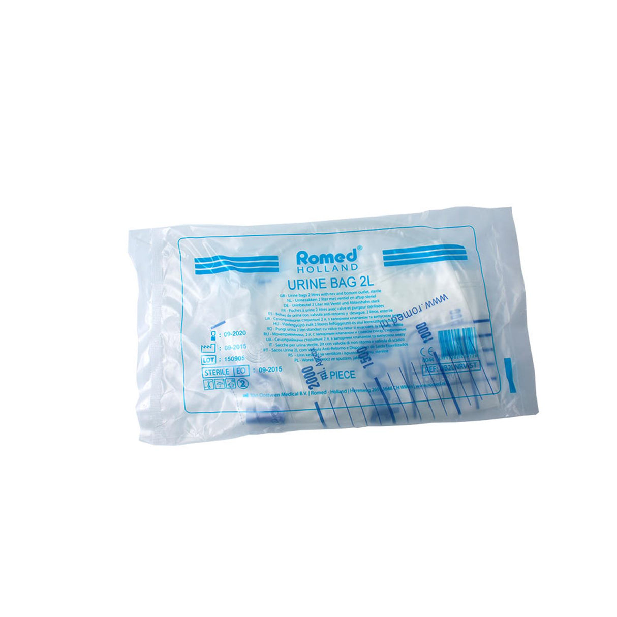Romed Urinbeutel 2 Liter steril mit Ventil und Ablasshahn 10 Stück