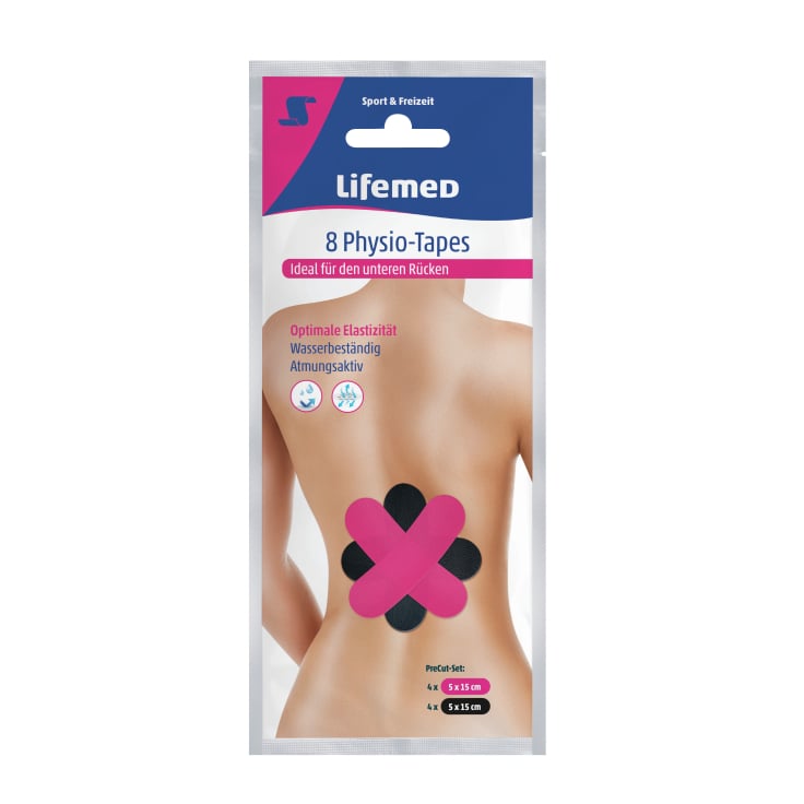 Lifemed Unterer Rücken Physio Tapes – 1 Set = 4 x pink und 4 x schwarz