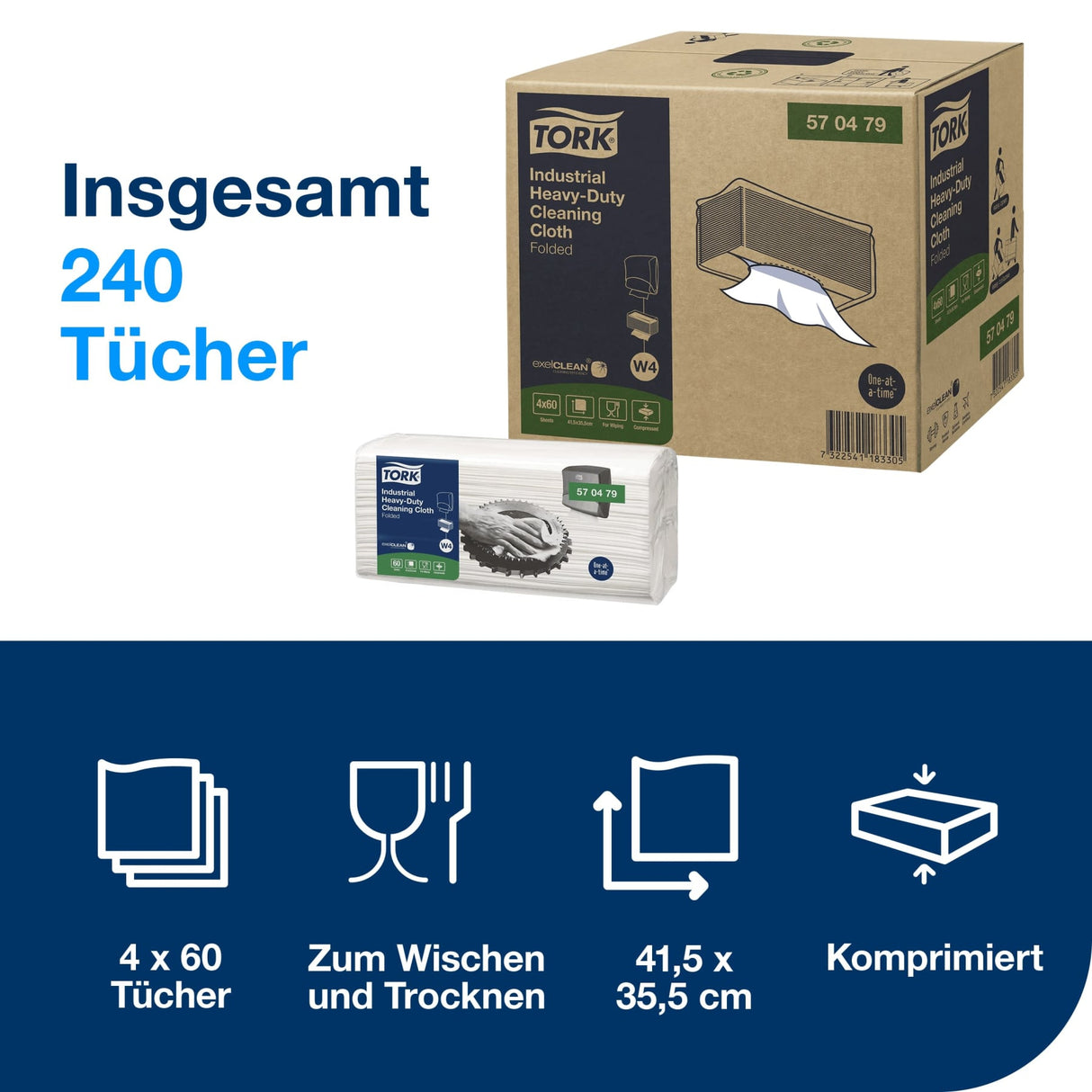 Tork Extra Starke Industrie Reinigungstücher W4, 1-lagig, weiß – 60 Tücher/Packung – Ansicht 2