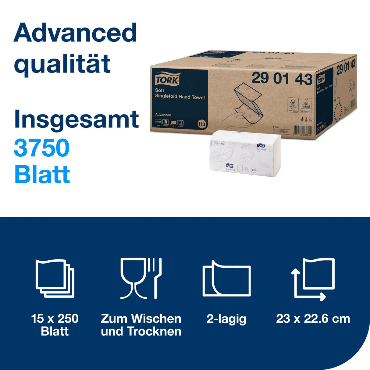 Tork Papierhandtücher H3 Advanced, 2-lagig, weiß – 23 x 22,6 cm – Ansicht 2