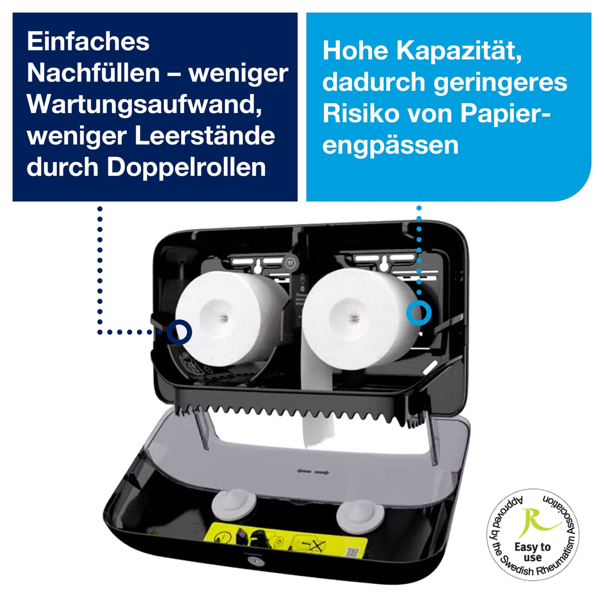 Tork Doppelrollenspender T7 für hülsenloses Midi-Toilettenpapier, kompakt und leicht nachfüllbar – Ansicht 3