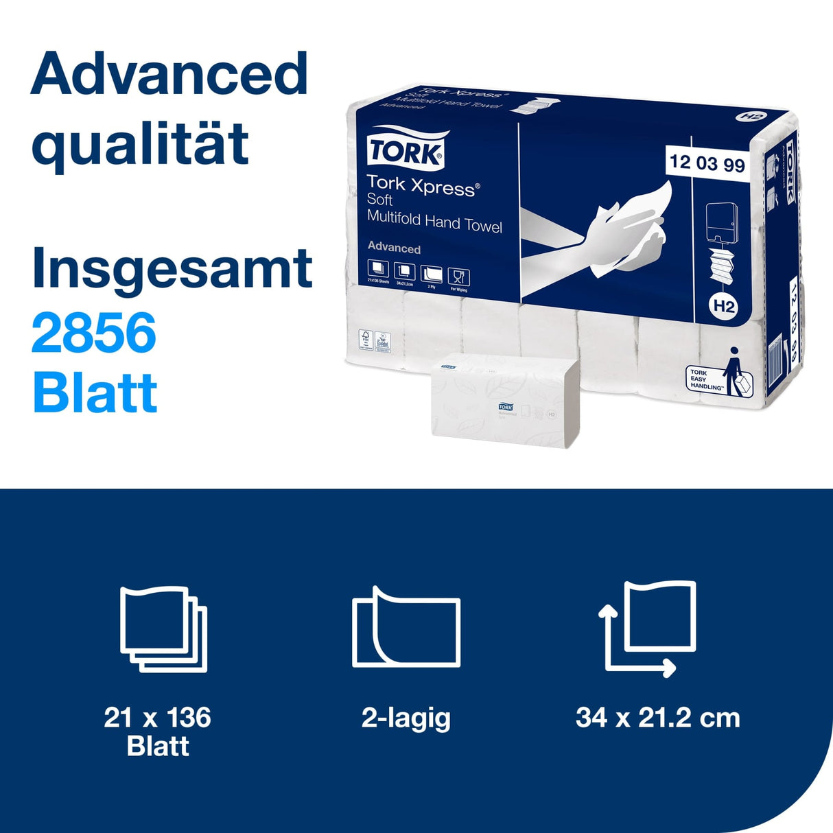 Tork Xpress Multifold Papierhandtücher, 2-lagig, weiß, H2 – 34 x 21,2 cm – Ansicht 2