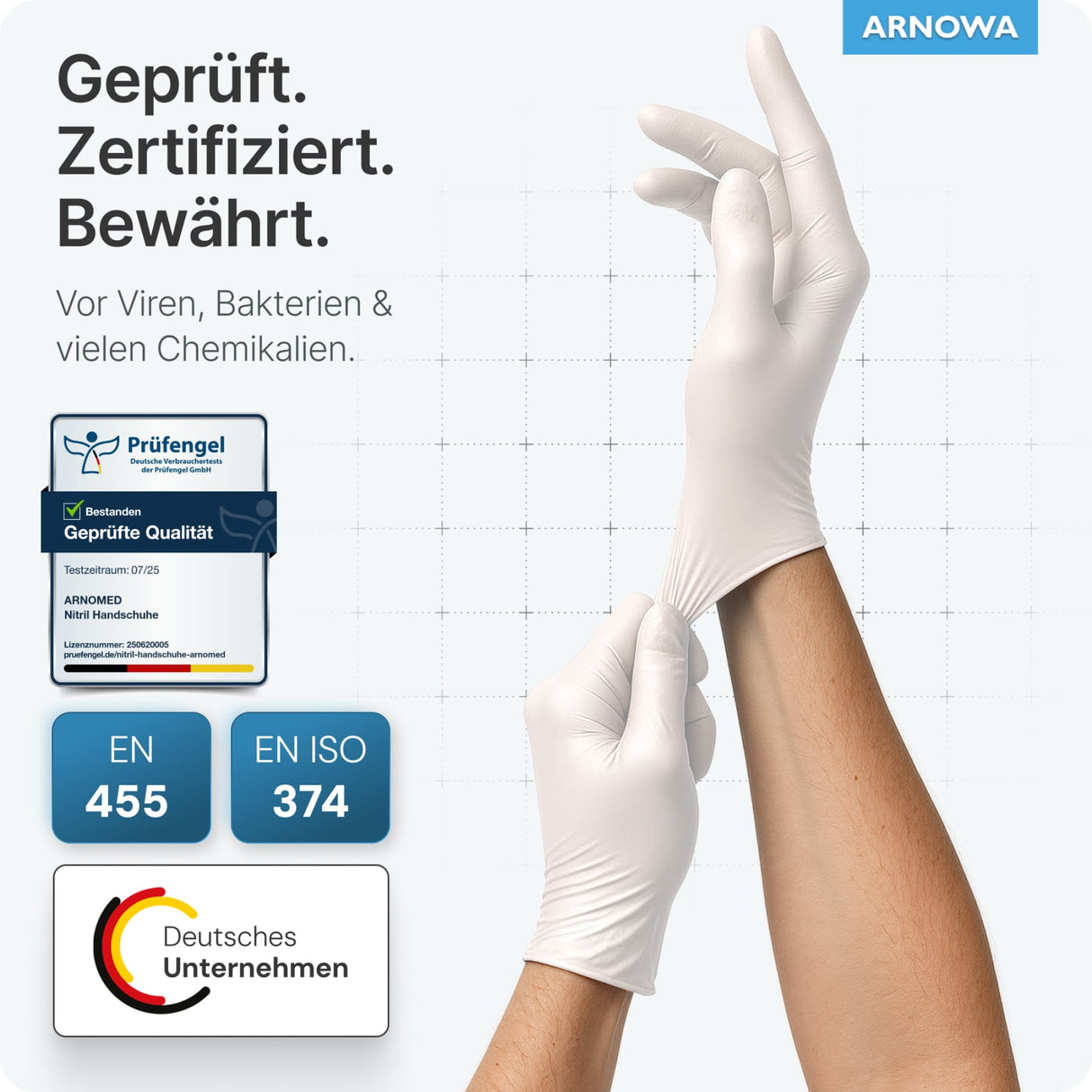 ARNOMED Nitril White Einmalhandschuhe, puderfrei, weiß – hautfreundlich – Ansicht 7