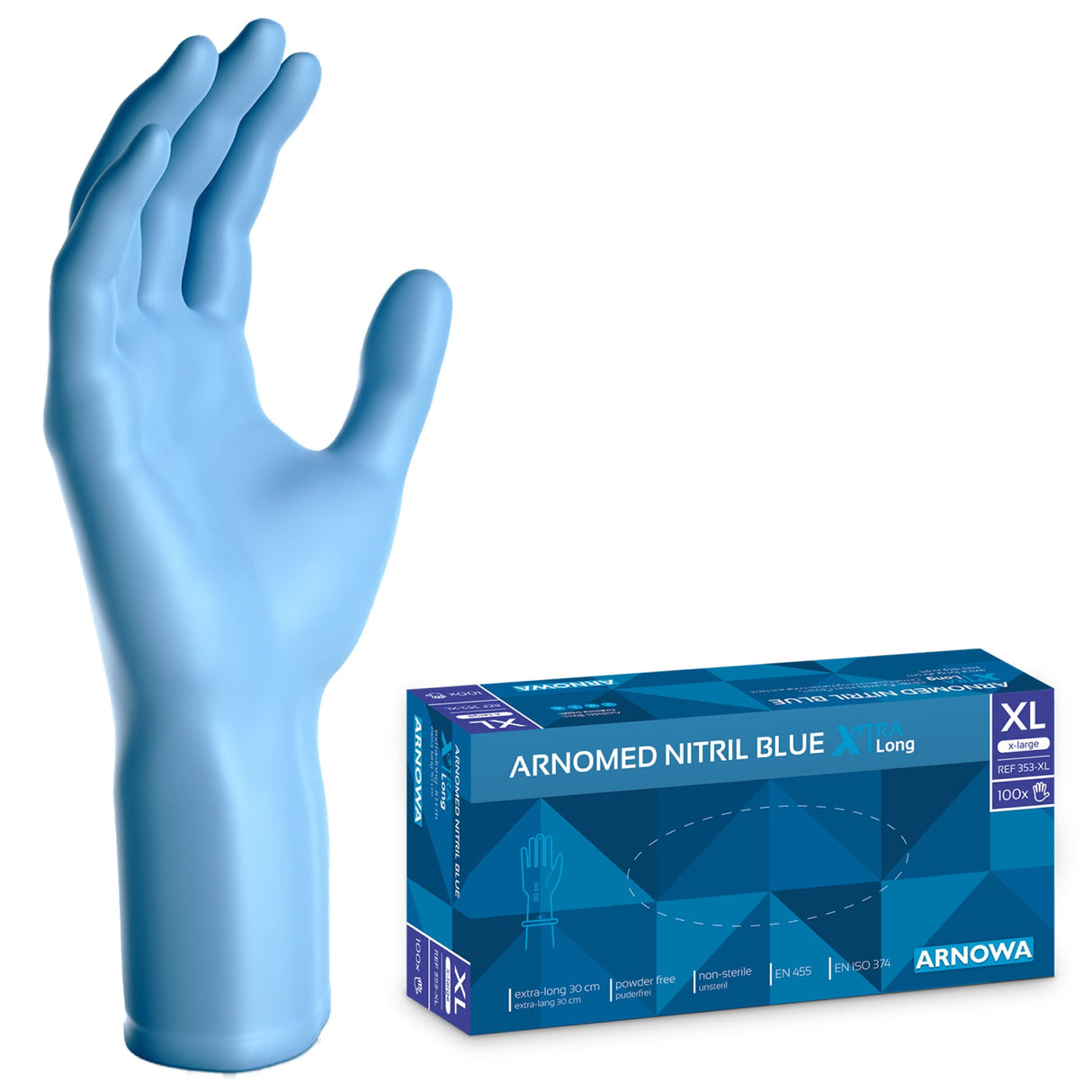 ARNOMED Nitril Blue XTRA LONG Einmalhandschuhe, puderfrei, blau – extra lang & reißfest – Ansicht 3