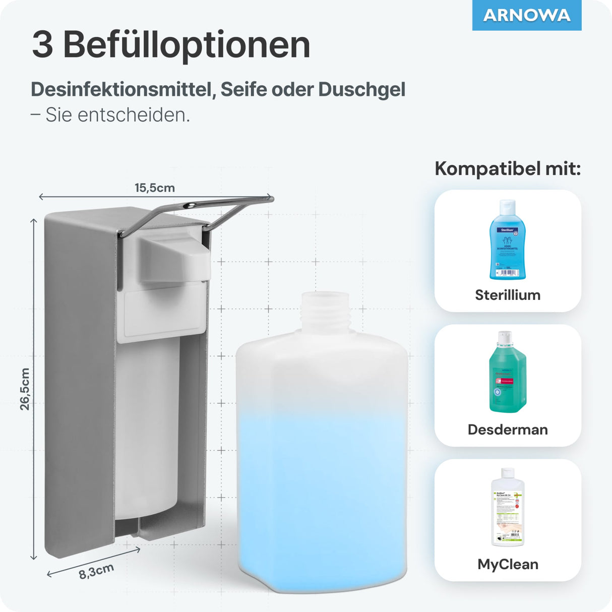 ARNOMED Desinfektionsmittelspender, Aluminium, individuell dosierbar – Ansicht 4