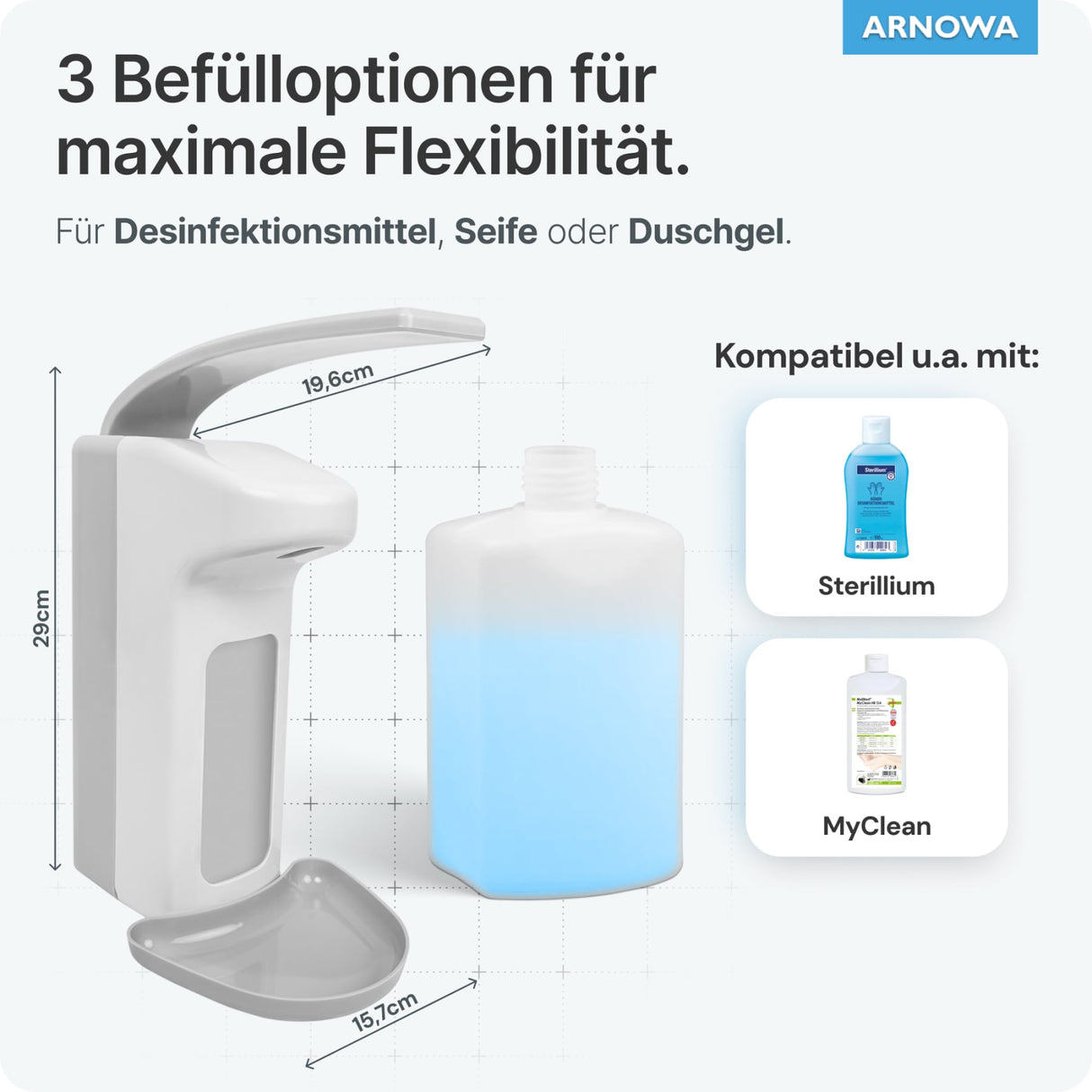ARNOMED Desinfektionsmittelspender, ABS Kunststoff, weiß, individuell dosierbar – Ansicht 4