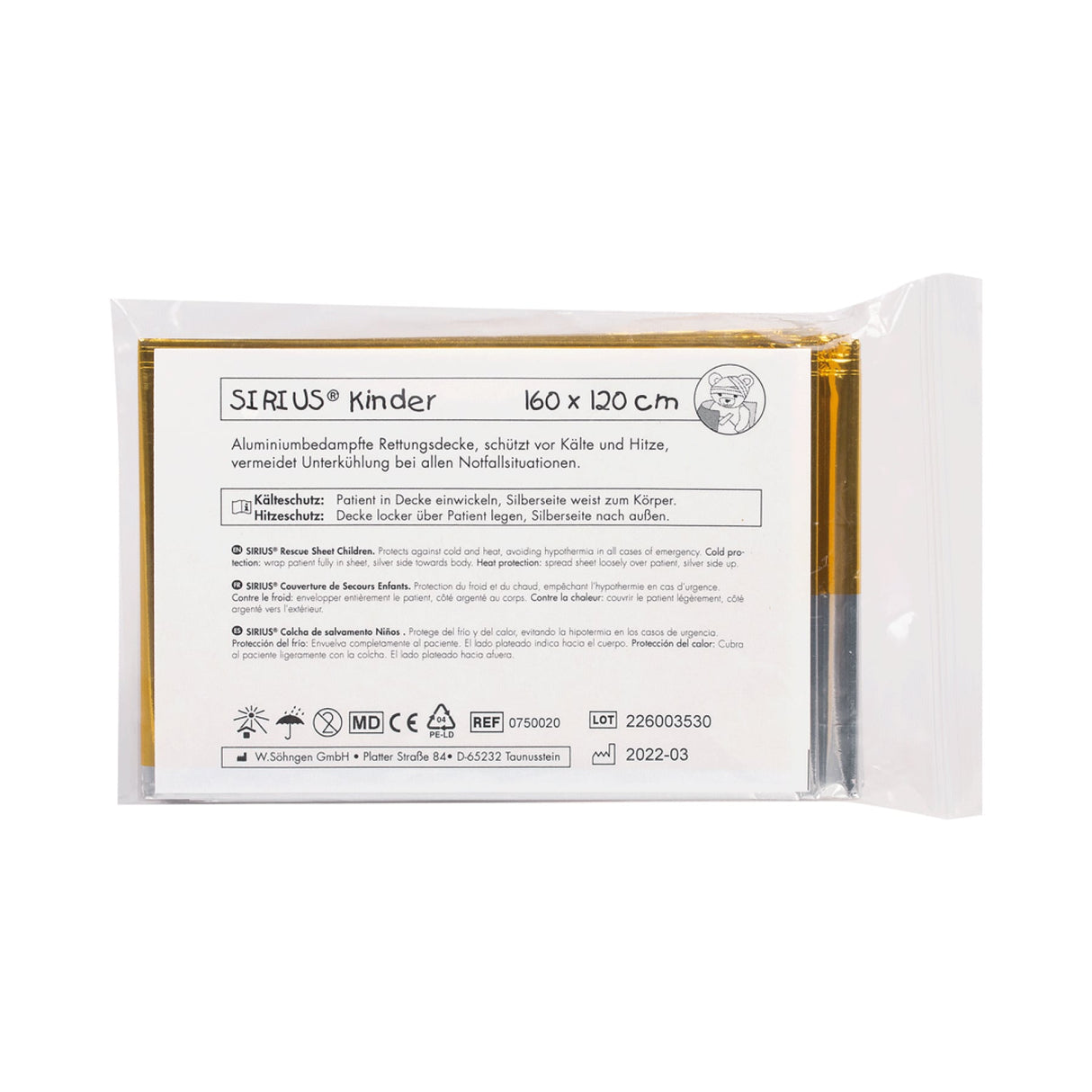 Söhngen Kinder SIRUS Rettungsdecke, silber/gold, reflektierend