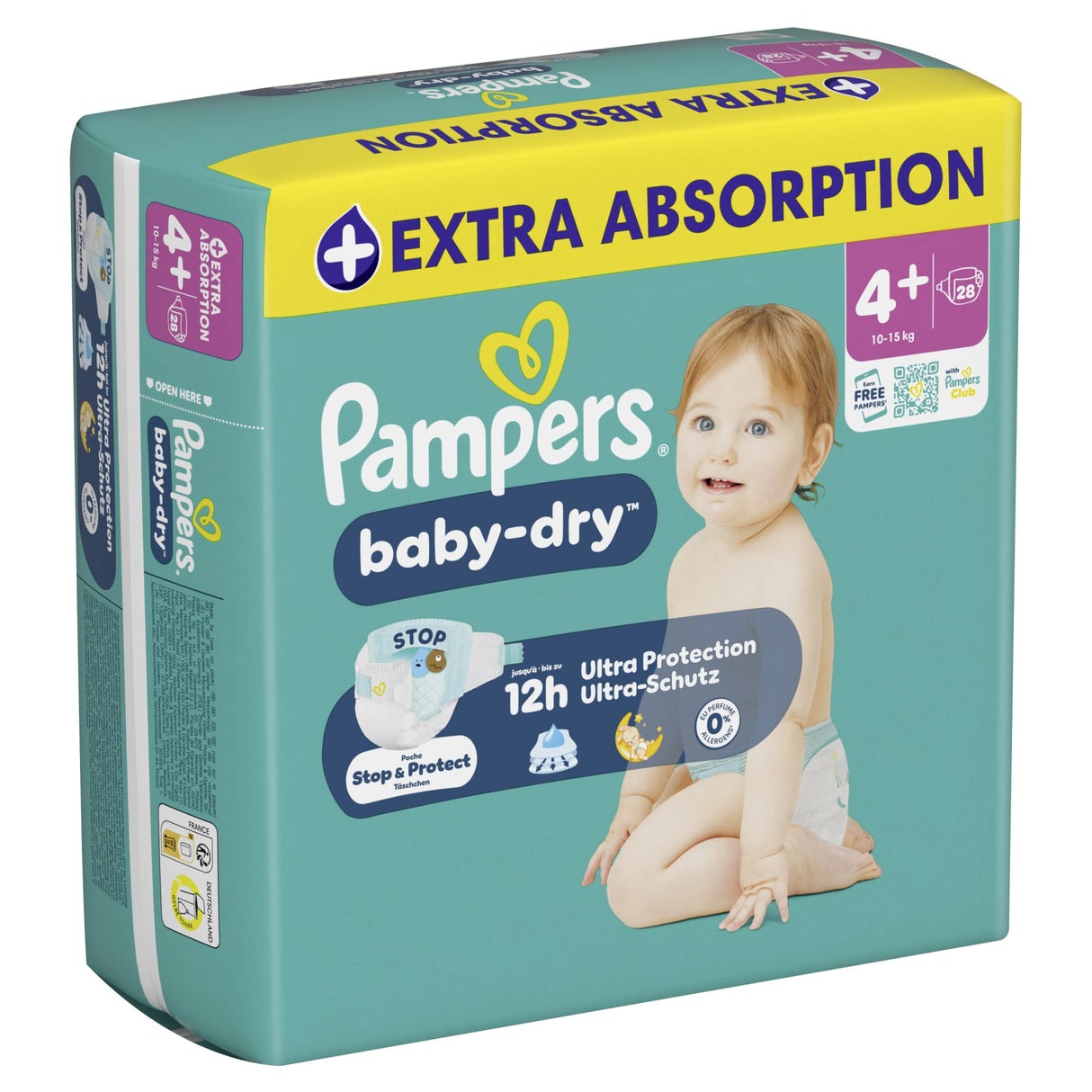 Pampers Baby Dry Windeln Größe 4+ Maxi Plus, 10-15 kg – doppeltes Sicherheitsbündchen
