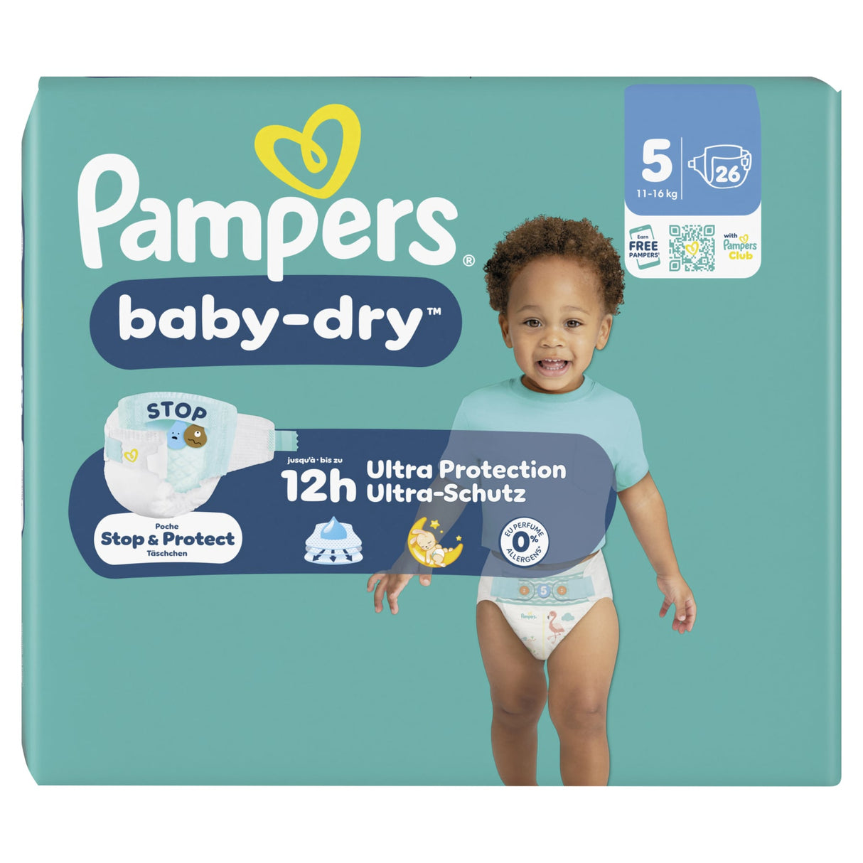 Pampers Baby Dry Windeln Größe 5 Junior, 11-16 kg – Stop-&-Schutz-Täschchen – Ansicht 2
