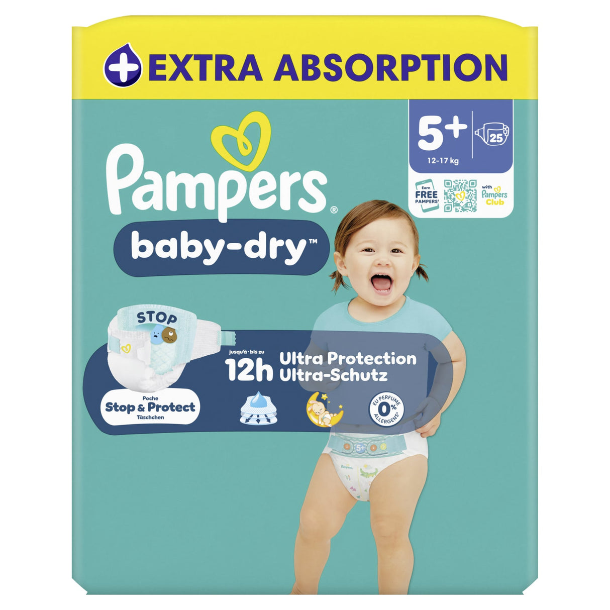 Pampers Baby Dry Windeln Größe 5+ Junior Plus, 12-17 kg – doppeltes Sicherheitsbündchen – Ansicht 2