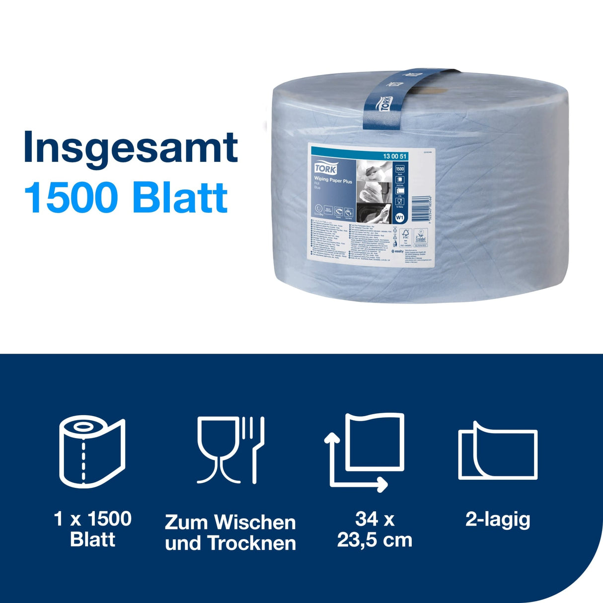 Tork Advanced Wischtuch 420, Großrolle, blau, 2-lagig, W1 – mit Prägung – Ansicht 2
