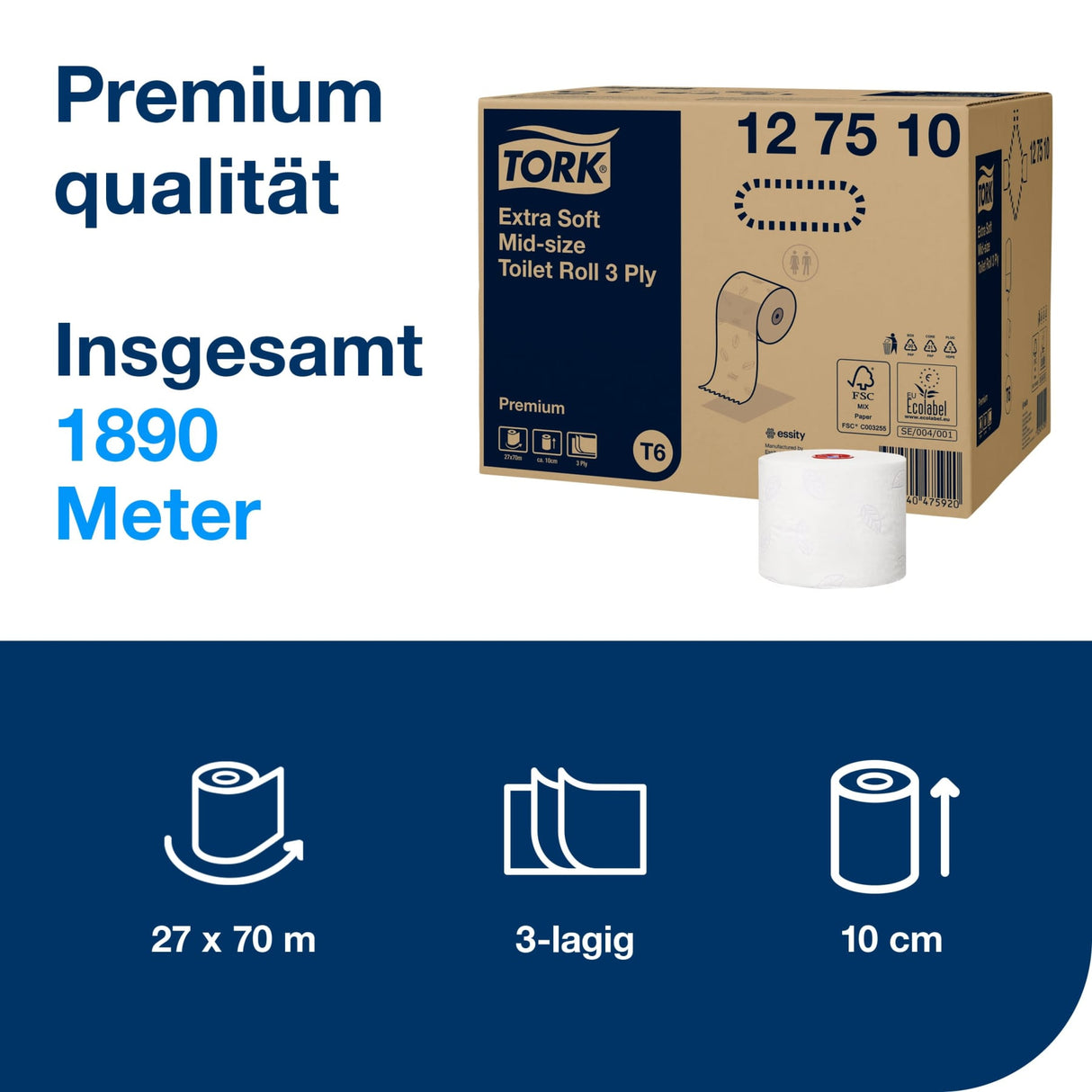 Tork Midi Toilettenpapier T6 Premium, 3-lagig, weiß – reißfest – Ansicht 2