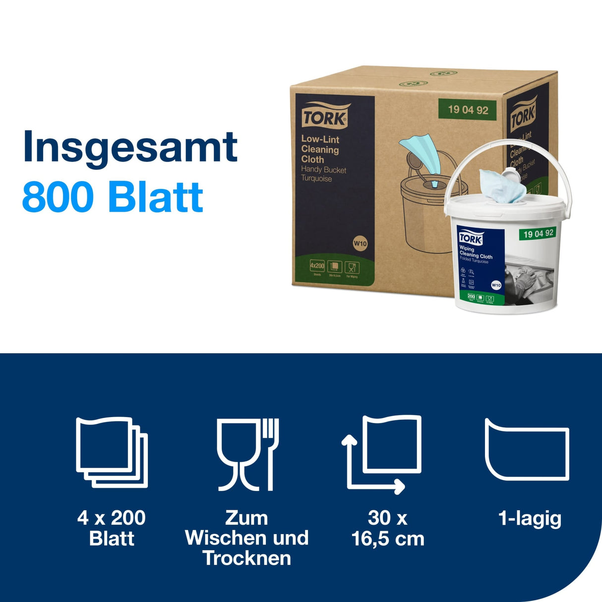 Tork Extra Fusselarme Reinigungstücher, 1-lagig, blau, W10, im Spendereimer – Ansicht 2