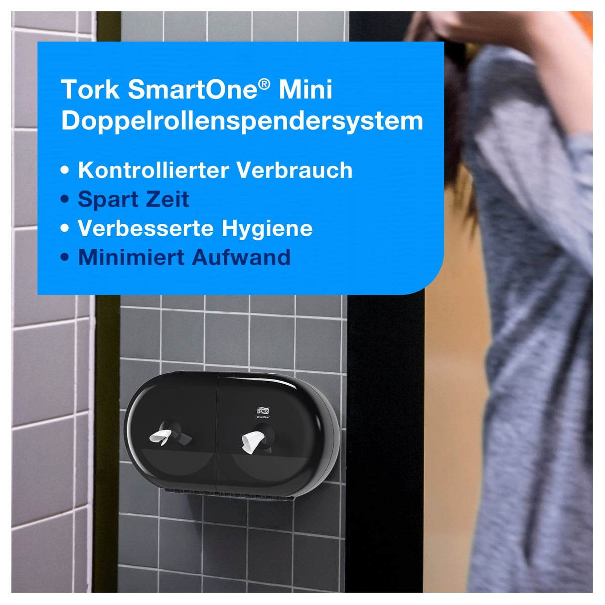 Tork SmartOne Mini Doppelrollenspender T9, Einzelblattausgabe für durchgehende Papierversorgung – Ansicht 7