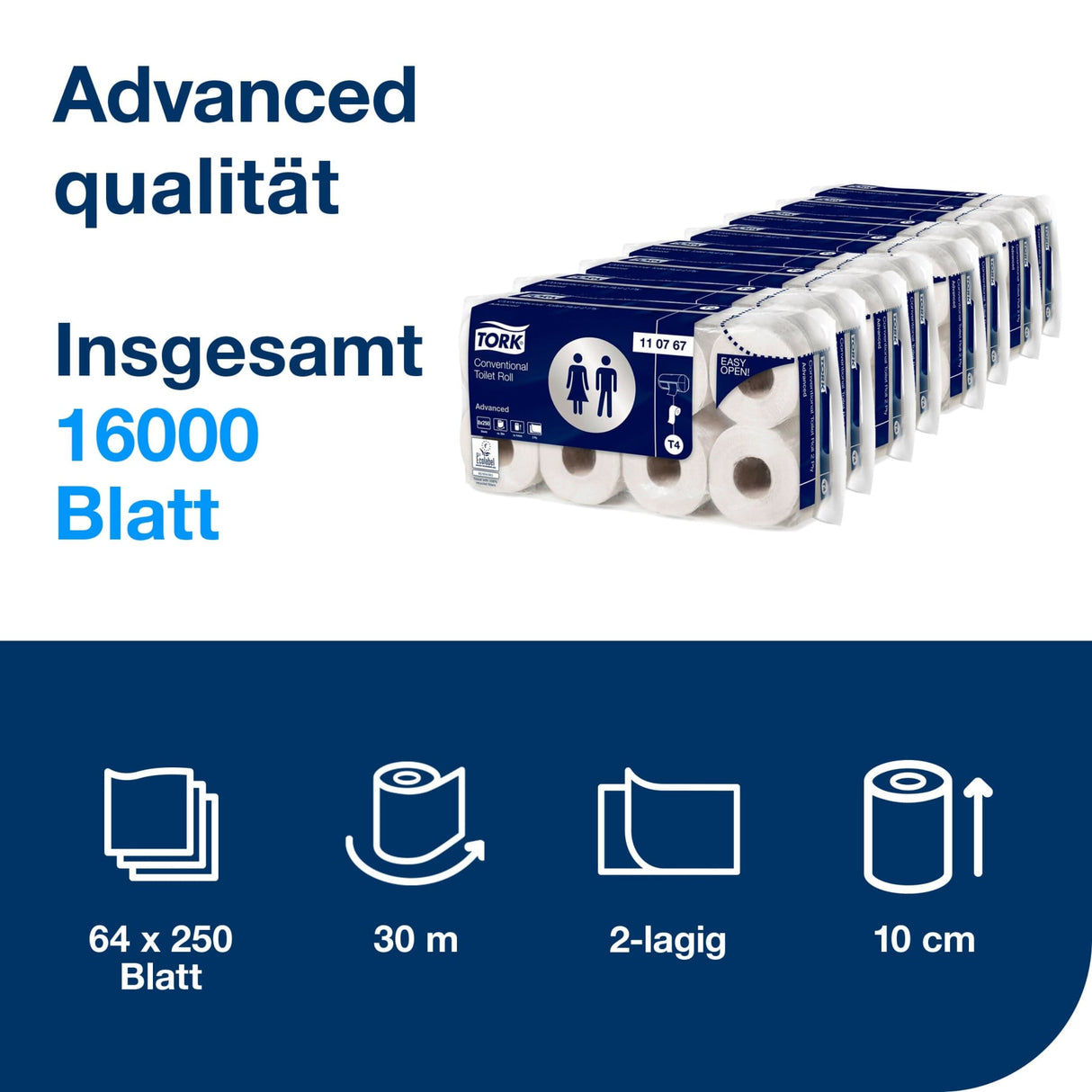Tork Kleinrollen Toilettenpapier T4 Advanced, 2-lagig, weiß – 250 Blatt/Rolle – Ansicht 2