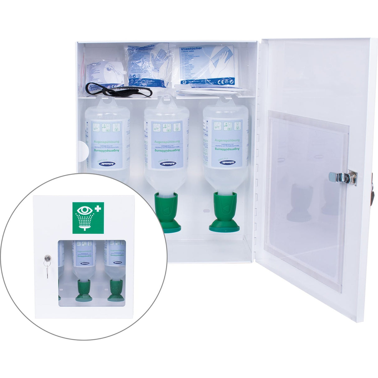 Actiomedic EYE CARE Augenspülschrank I mit Zusatzausstattung, aus robustem Stahlblech – zur Wandmontage