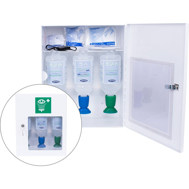 Actiomedic EYE CARE Augenspülschrank II mit Zusatzausstattung, aus robustem Stahlblech – zur Wandmontage