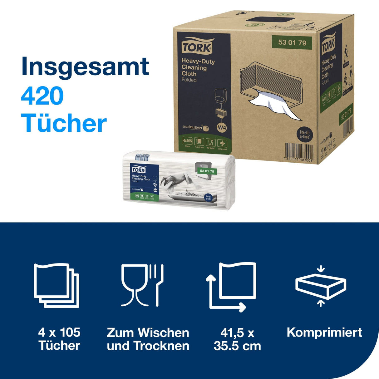 Tork Extra Starke Reinigungstücher W4, 1-lagig, weiß – 105 Tücher/Packung, reißfest – Ansicht 2