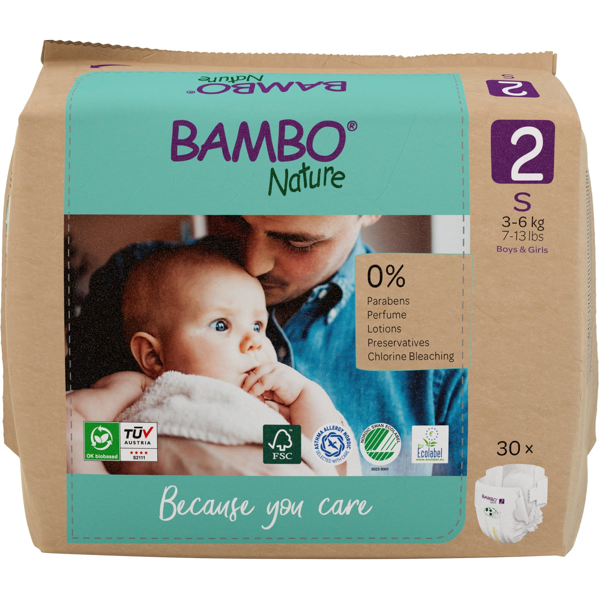 Bambo Nature Windeln, atmungsaktiv – Größe 2 (3–6 kg) – Packung = 30 Windeln