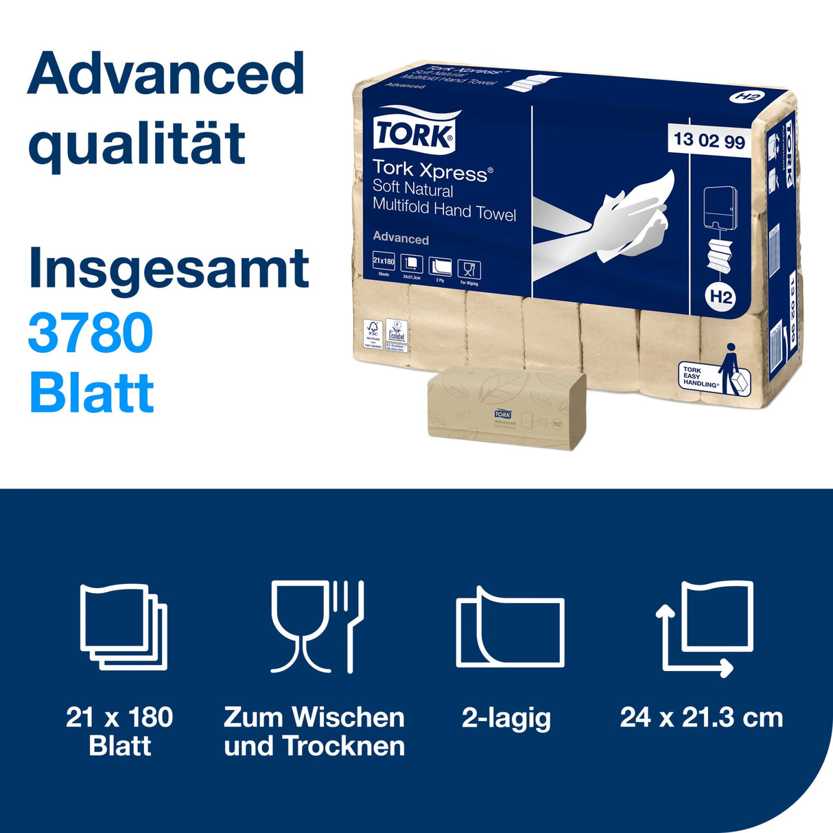 Tork Xpress Falthandtücher, 2-lagig, natur, H2 – 21,3 x 24 cm – Ansicht 7