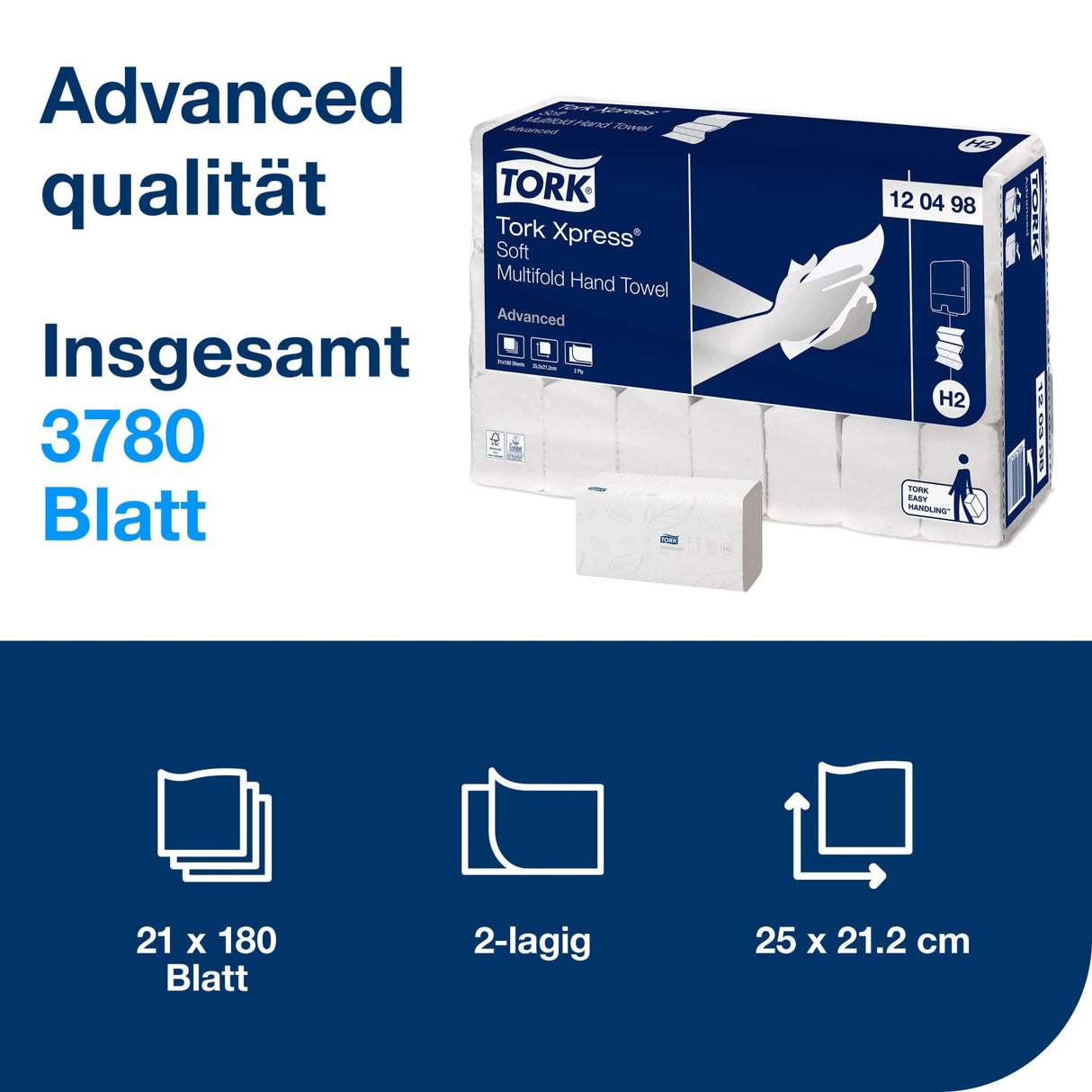 Tork Xpress Multifold Papierhandtücher, 2-lagig, weiß, H2 – 25,5 x 21,2 cm – Ansicht 2