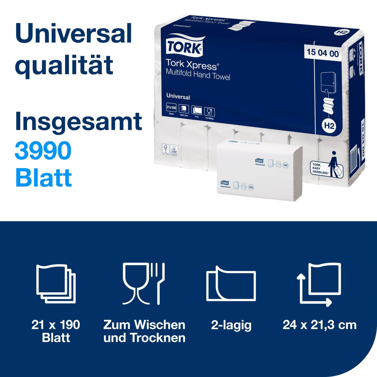 Tork Xpress Multifold Papierhandtücher, 2-lagig, weiß, H2 – 24 x 21,3 cm – Ansicht 2