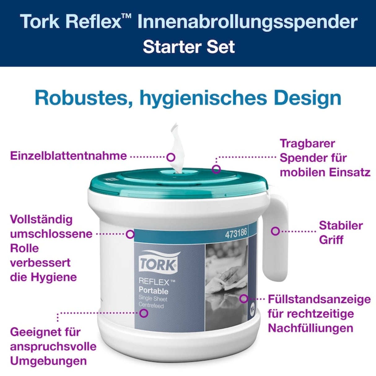 Tork Reflex Tragbarer Innenabrollungsspender M4, mit stabilem Tragegriff – Ansicht 3