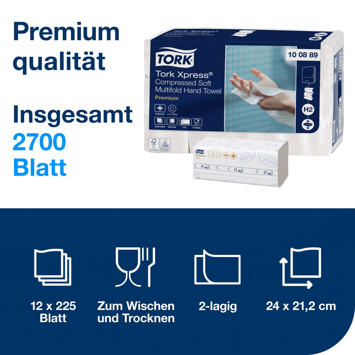 Tork Xpress Multifold Papierhandtücher H2, 2-lagig, weiß, 24 x 21,2 cm – Ansicht 2