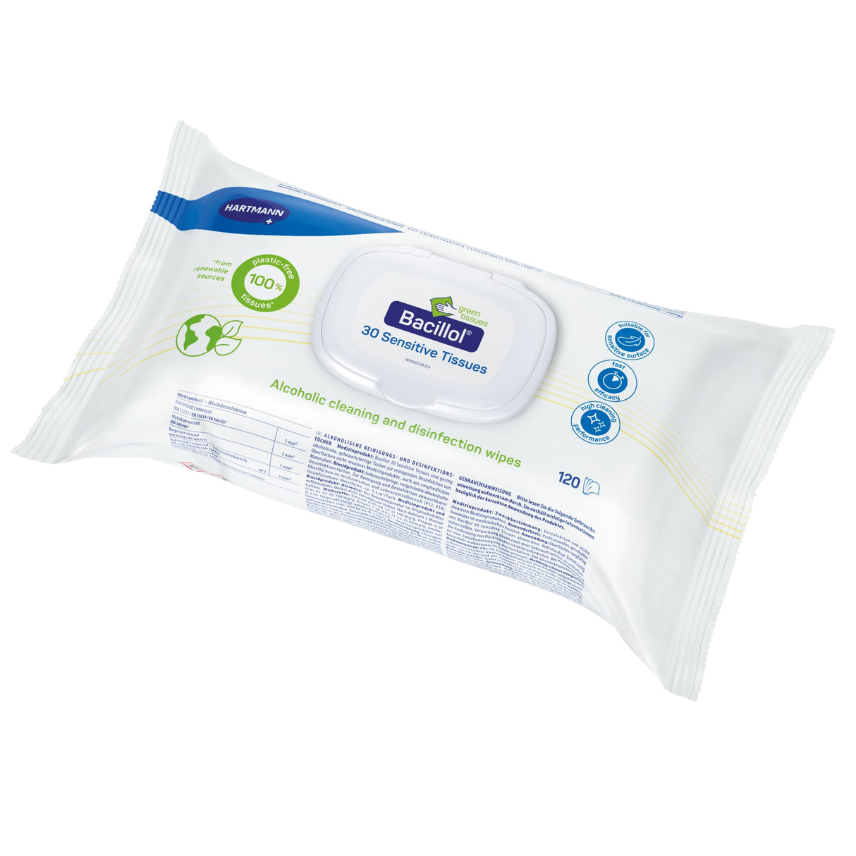 Bacillol 30 Sensitive Green Tissues Flächendesinfektionstücher, plastikfrei und wiederverschließbar