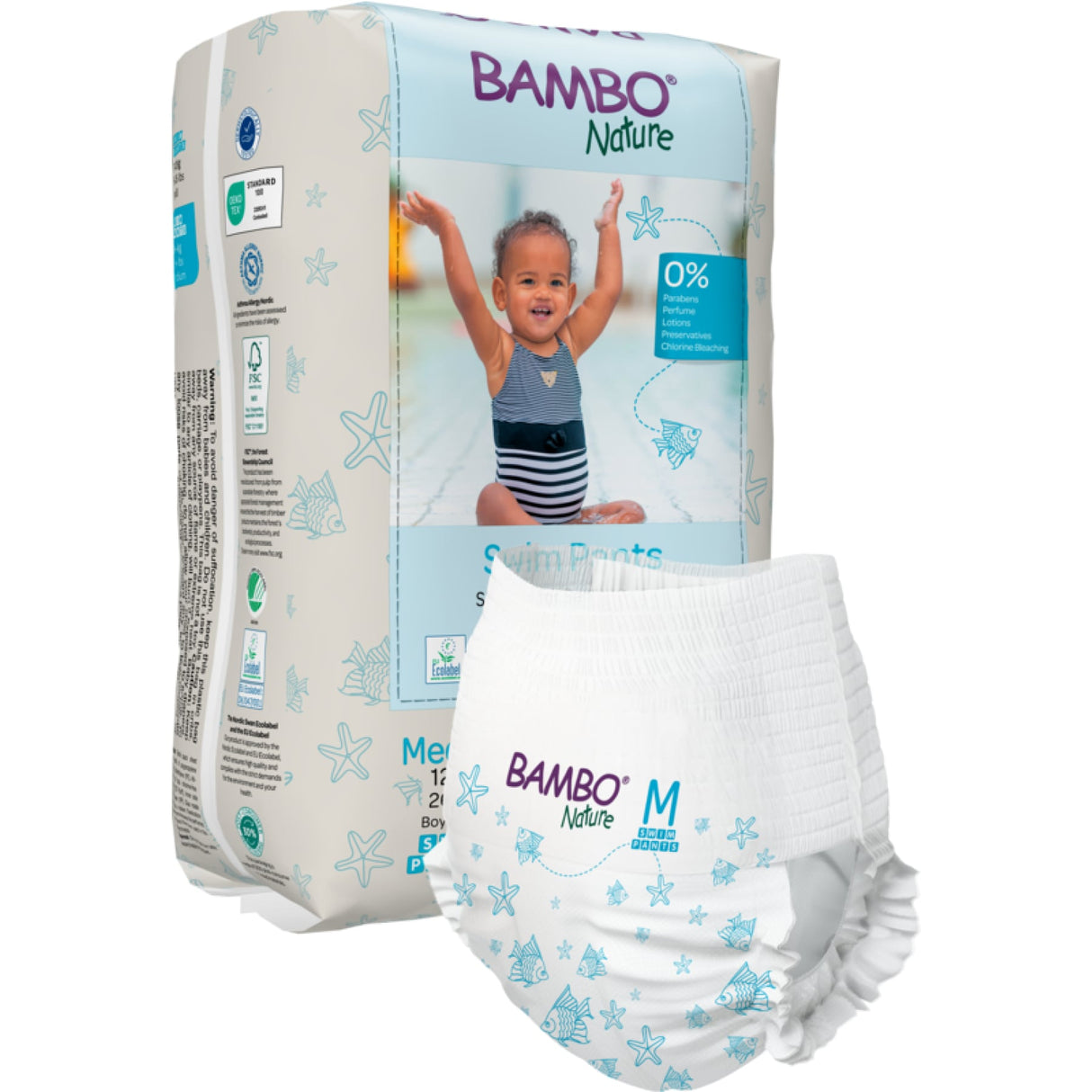 Bambo Nature Schwimmwindeln, elastische Passform – Größe M (12+ kg) – Karton = 10 Packungen × 12 Stück