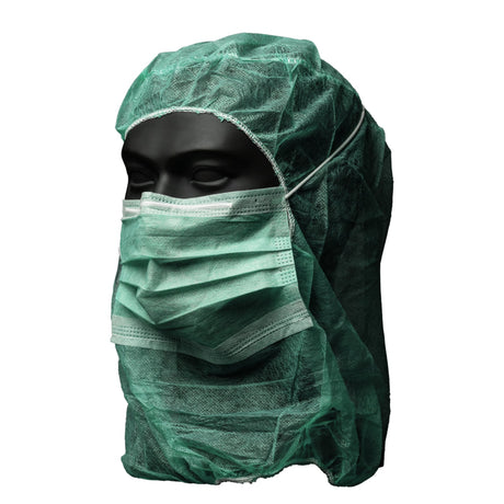 AMPri Med-Comfort Astrohaube mit Mundschutz, PP, 2-lagig - 1 Packung = 100 Stück, Farbe: grün