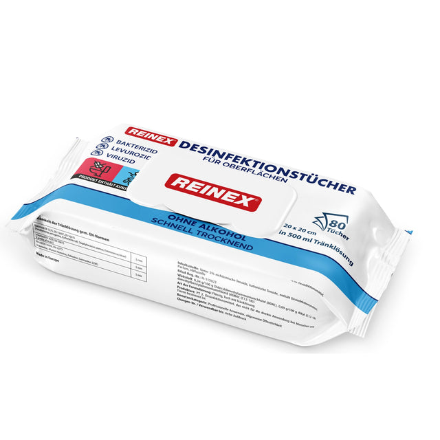 Reinex Desinfektionstücher, 20 x 20 cm – alkoholfrei, schnell trocknend