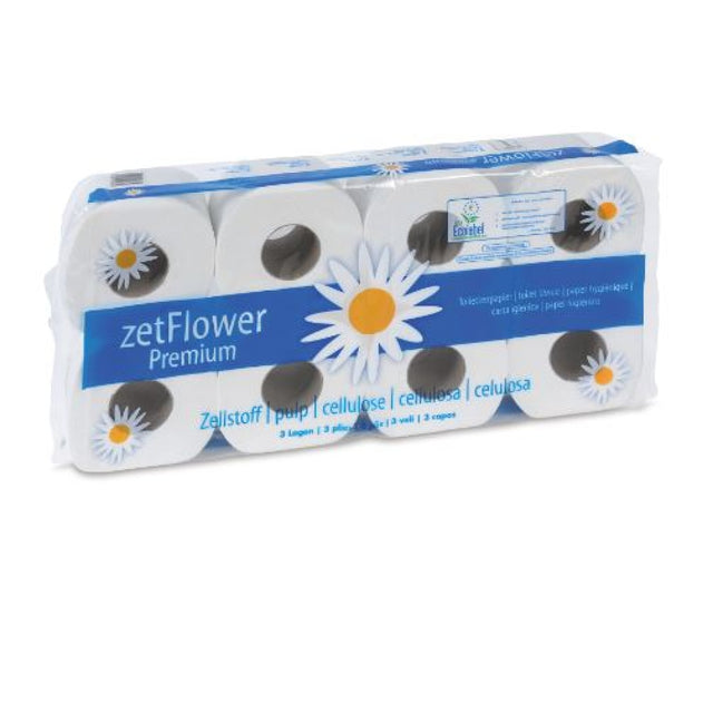 ZVG Toilettenpapier 3-lagig, hochweiß – 250 Blatt/Rolle, mit Blumendekor