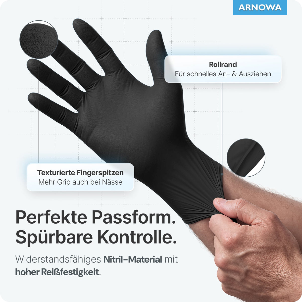 ARNOMED Nitril Midnight Black Einmalhandschuhe, puderfrei, schwarz – extra reißfest – Ansicht 6