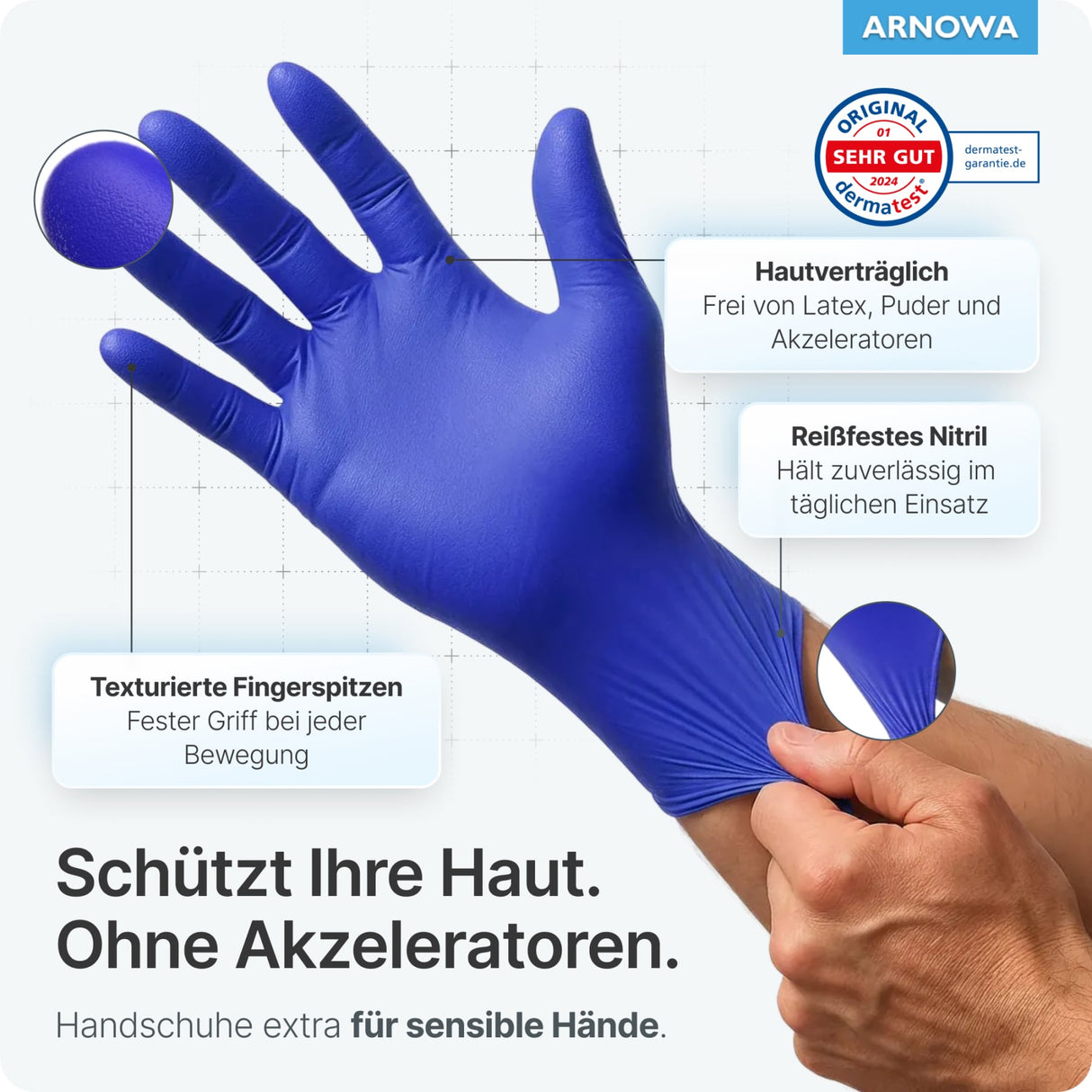 ARNOMED Nitril XTRA PURE Einmalhandschuhe, puderfrei, violett – frei von Akzeleratoren – Ansicht 5