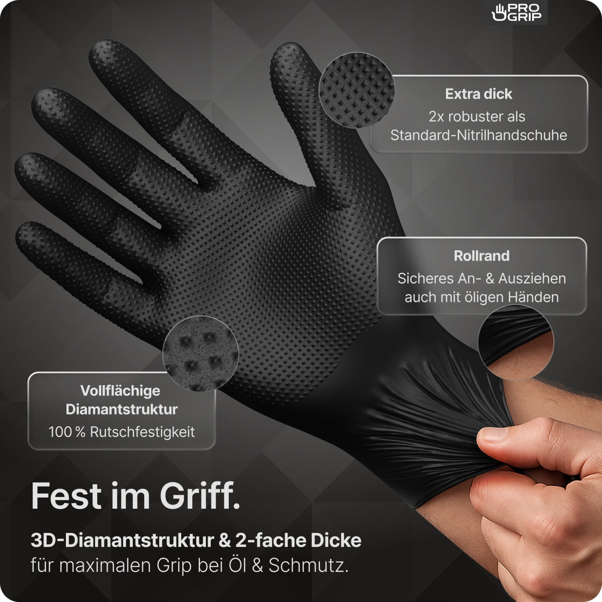 PROGRIP Nitril Diamond Black Einmalhandschuhe, puderfrei – robust und griffig – Ansicht 4