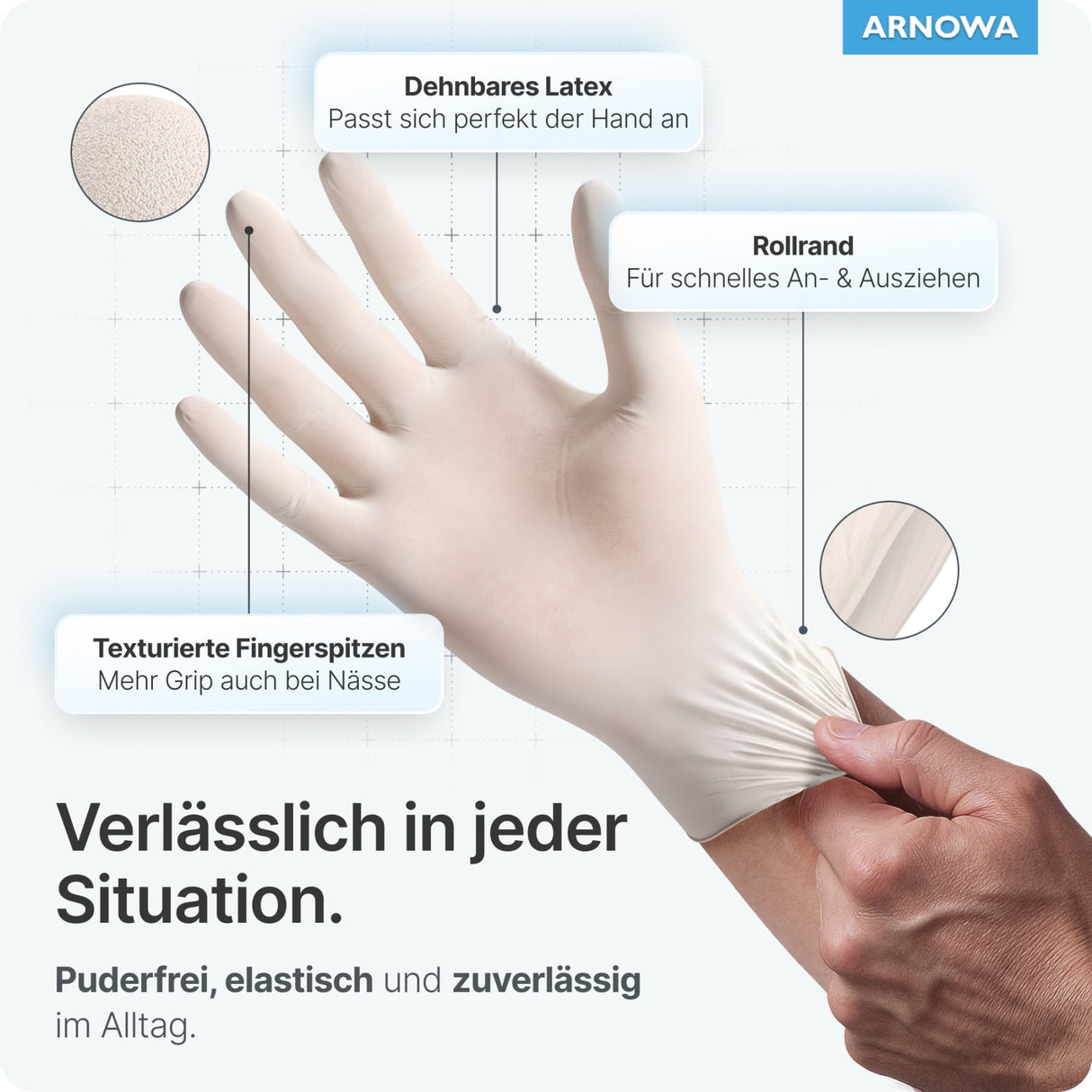 ARNOMED Latex Einmalhandschuhe, puderfrei, naturfarben, reißfest – Ansicht 5
