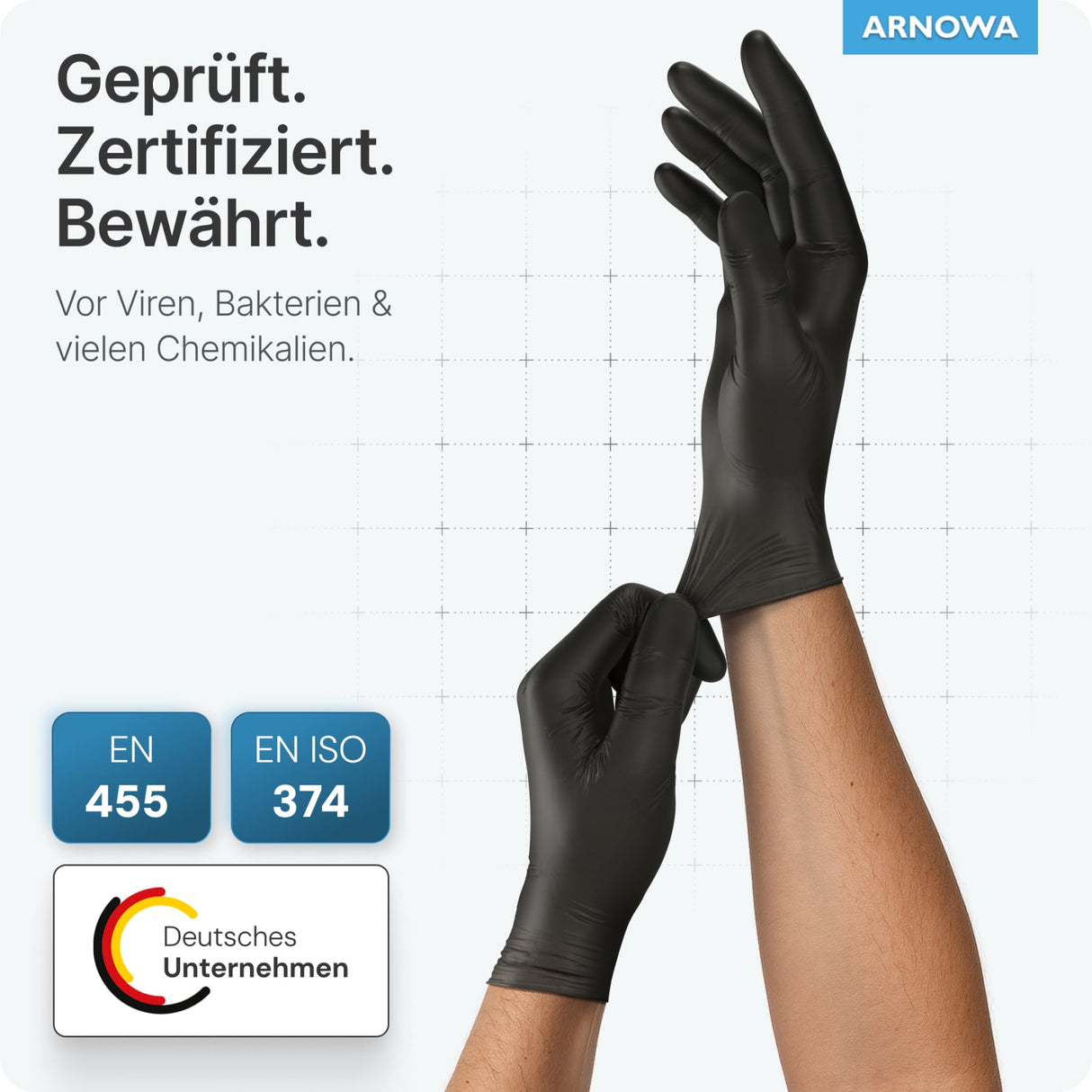 ARNOMED Latex Einmalhandschuhe, puderfrei, schwarz, extra strapazierfähig – Ansicht 7