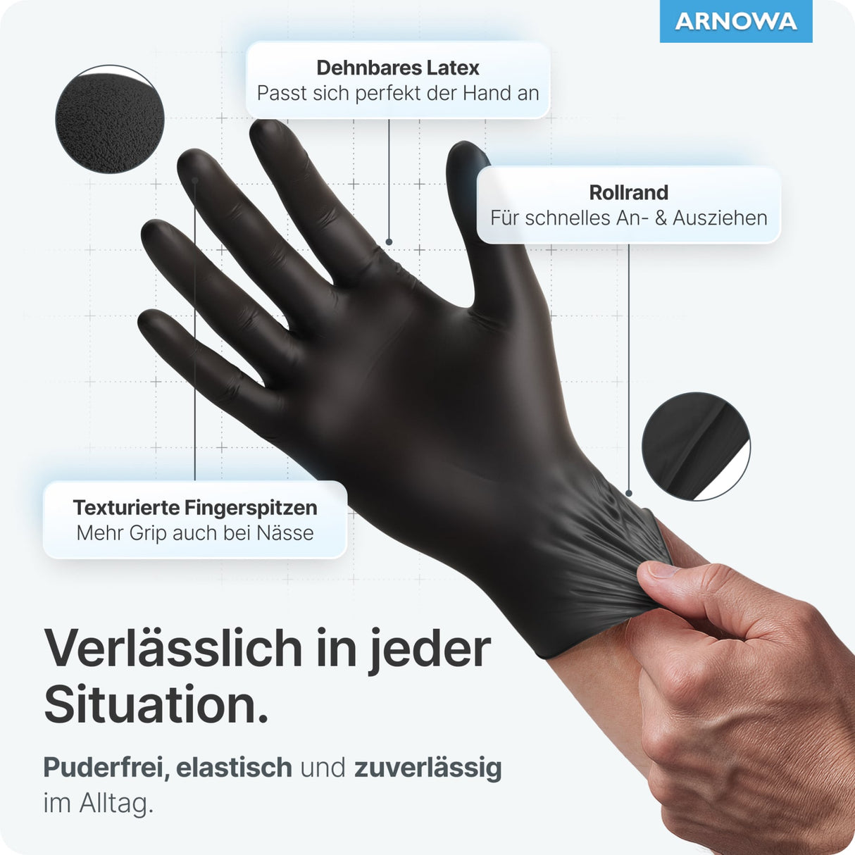 ARNOMED Latex Einmalhandschuhe, puderfrei, schwarz, extra strapazierfähig – Ansicht 5