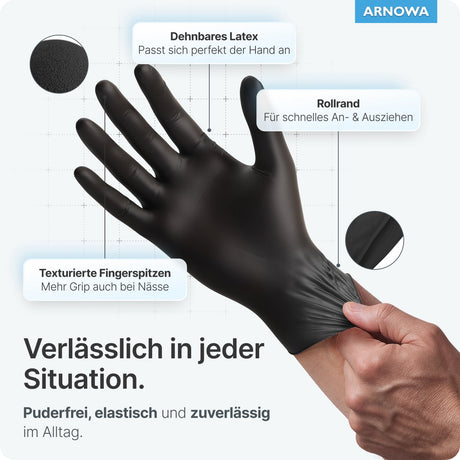 ARNOMED Latex Einmalhandschuhe, puderfrei, schwarz, extra strapazierfähig – Ansicht 5