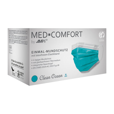 AMPri Med-Comfort Einmalmundschutz Typ IIR, 4-lagig - 1 Karton = 10 Packungen à 50 Stück, Farbe: ozean grün