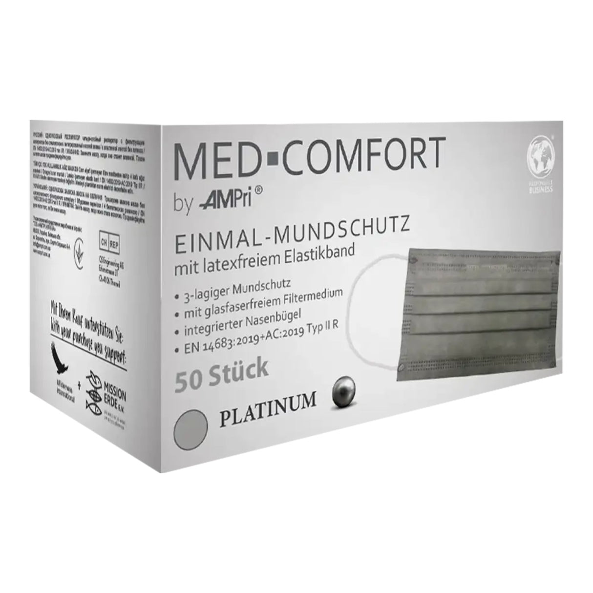 AMPri Med-Comfort Einmalmundschutz Typ IIR, 4-lagig - 1 Karton = 10 Packungen à 50 Stück, Farbe: grau
