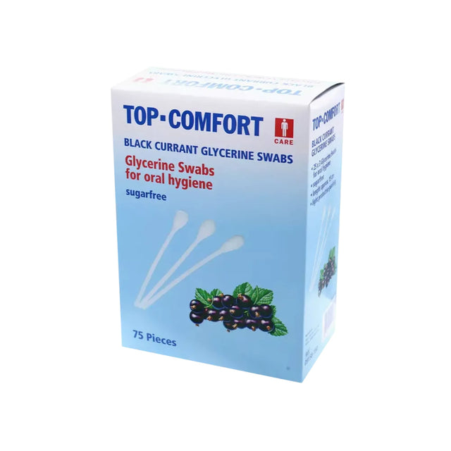 AMPri MED-COMFORT Wattestäbchen mit Johannisbeere-Geschmack - 1 Karton = 20 Packungen à 25 Sets je 3 Stück