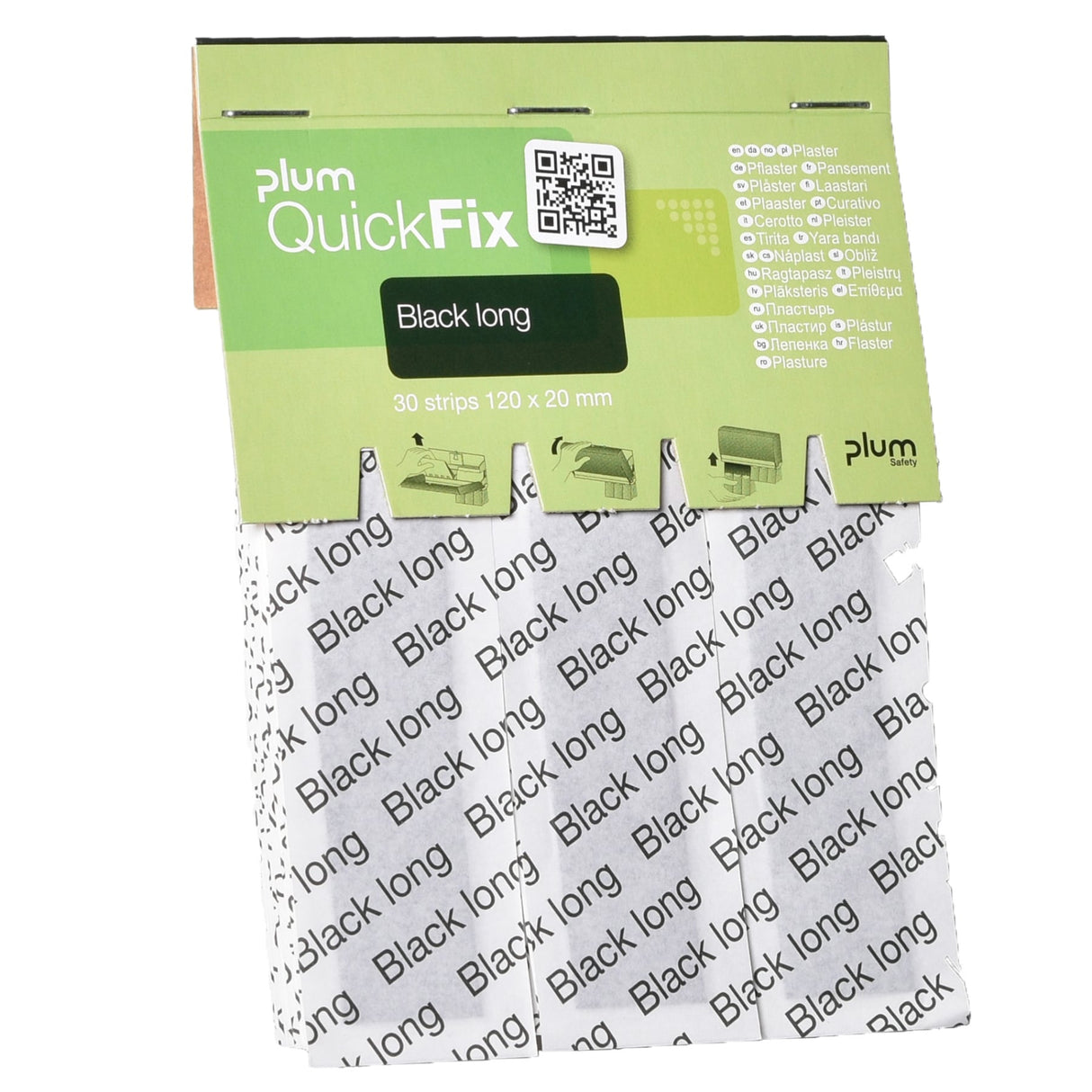 Plum QuickFix Black Long Pflaster atmungsaktiv, 120 x 20 mm – extra lang für Finger