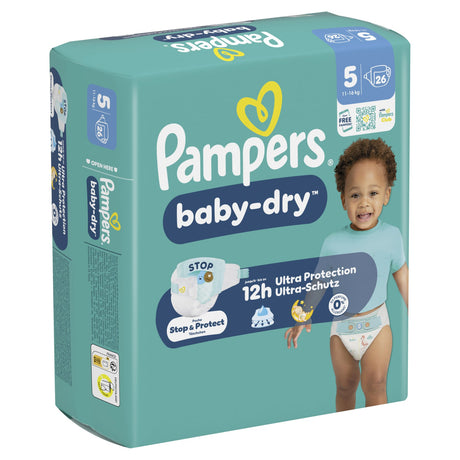 Pampers Baby Dry Windeln Größe 5 Junior, 11-16 kg – Stop-&-Schutz-Täschchen
