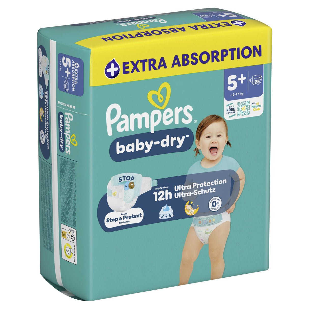 Pampers Baby Dry Windeln Größe 5+ Junior Plus, 12-17 kg – doppeltes Sicherheitsbündchen