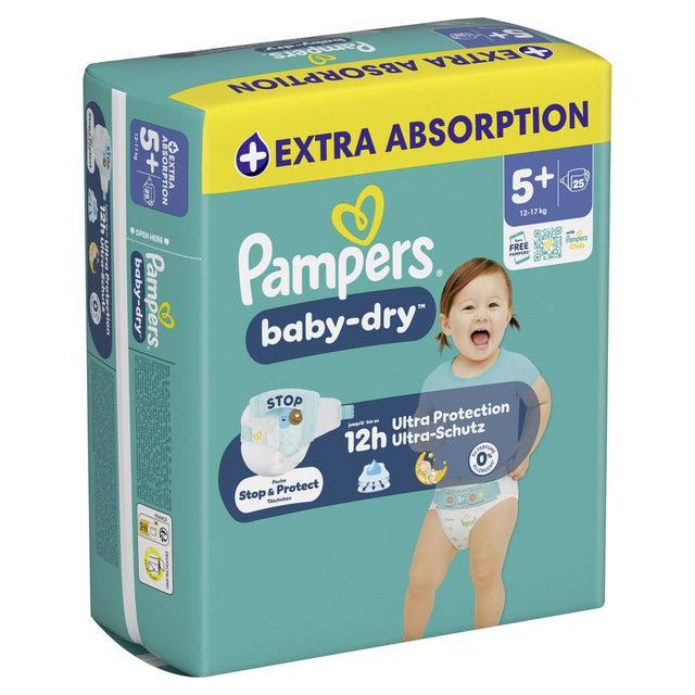 Pampers Baby Dry Windeln Größe 5+ Junior Plus, 12-17 kg – doppeltes Sicherheitsbündchen