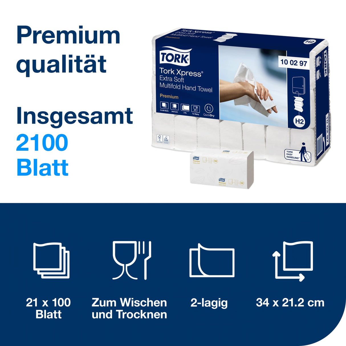 Tork Xpress Multifold Papierhandtuch, 2-lagig, weiß, H2, mit QuickDry-Technologie – Ansicht 2