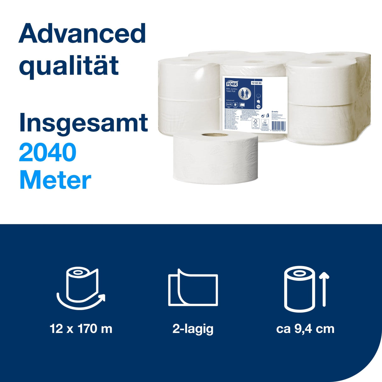 Tork Mini Jumbo Toilettenpapier T2 Advanced, 2-lagig, weiß – 170 m/Rolle – Ansicht 2